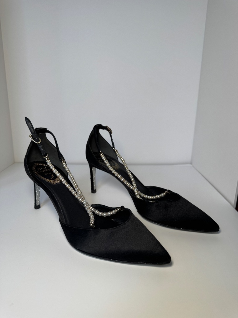 Rene Caovilla Black Pumps with Pearl Straps